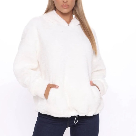White Faux Fur Sherpa Pullover Hoodie - Picture 3 of 12